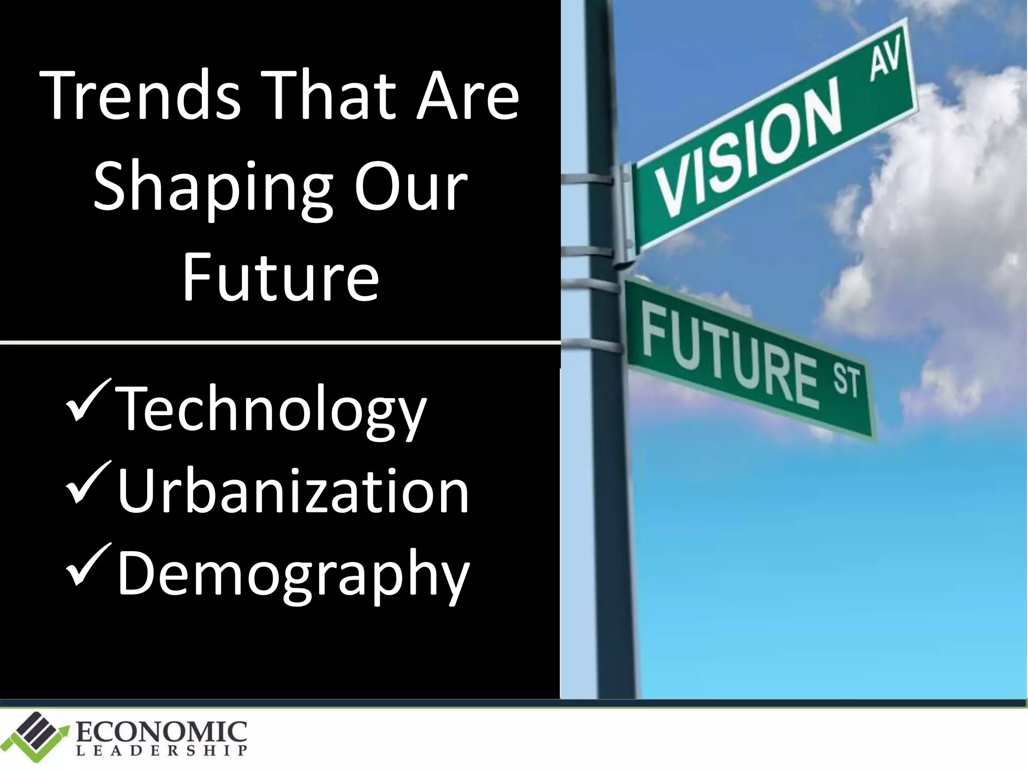 Trends That Are
Shaping Our
Future
Technology
Urbanization
Demography
 