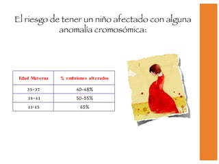 El riesgo de tener un niño afectado con alguna anomalía cromosómica: Edad Materna % embriones alterados 35-37 40-48% 38-41 50-55% 41-45 65% 