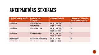 ANEUPLOIDÍAS SEXUALES
Tipo de aneuploidía Nombre del
síndrome
Cuadro clínico Cromatina sexual o
cromatina de barr
Trisomía Síndrome de
Klinefelter
44 + XXY = 47
cromosomas
1
Trisomía Síndrome XYY 44 + XYY = 47
cromosomas
0
Trisomía Metahembra 44 + XXX = 47
cromosomas
2
Monosomía Síndrome de Turner 44 + X = 45
cromosomas
0
 
