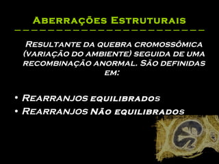 Aberrações Estruturais Resultante da quebra cromossômica (variação do ambiente) seguida de uma recombinação anormal. São definidas em:  Rearranjos   equilibrado s   Rearranjos   Não equilibrado s 