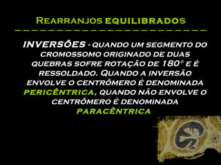 Rearranjos  equilibrado s INVERSÕES  - quando um segmento do cromossomo originado de duas quebras sofre rotação de 180° e é ressoldado. Quando a inversão envolve o centrômero é denominada  pericêntrica , quando não envolve o centrômero é denominada  paracêntrica   