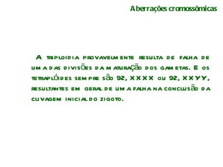Aberrações cromossômicas A triploidia provavelmente resulta de falha de uma das divisões da maturação dos gametas. E os tetraplóides sempre são 92, XXXX ou 92, XXYY, resultantes em geral de uma falha na conclusão da clivagem inicial do zigoto. 