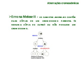 Aberrações cromossômicas Erro na Meiose II  – os gametas anormais contém duas cópias de um cromossomo parental (e nehuma cópia do outro) ou não possuem um cromossomo.  