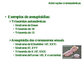 Aberrações cromossômicas Exemplos de aneuploidias: Trissomias autossômicas Síndrome de Down Trissomia do 18 Trissomia do 13  Aneuploidia dos cromossomos sexuais Síndrome de Klinefelter (47, XXY) Síndrome 47, XYY Trissomia do X (47, XXX) Síndrome deTurner (45, X e variantes)  