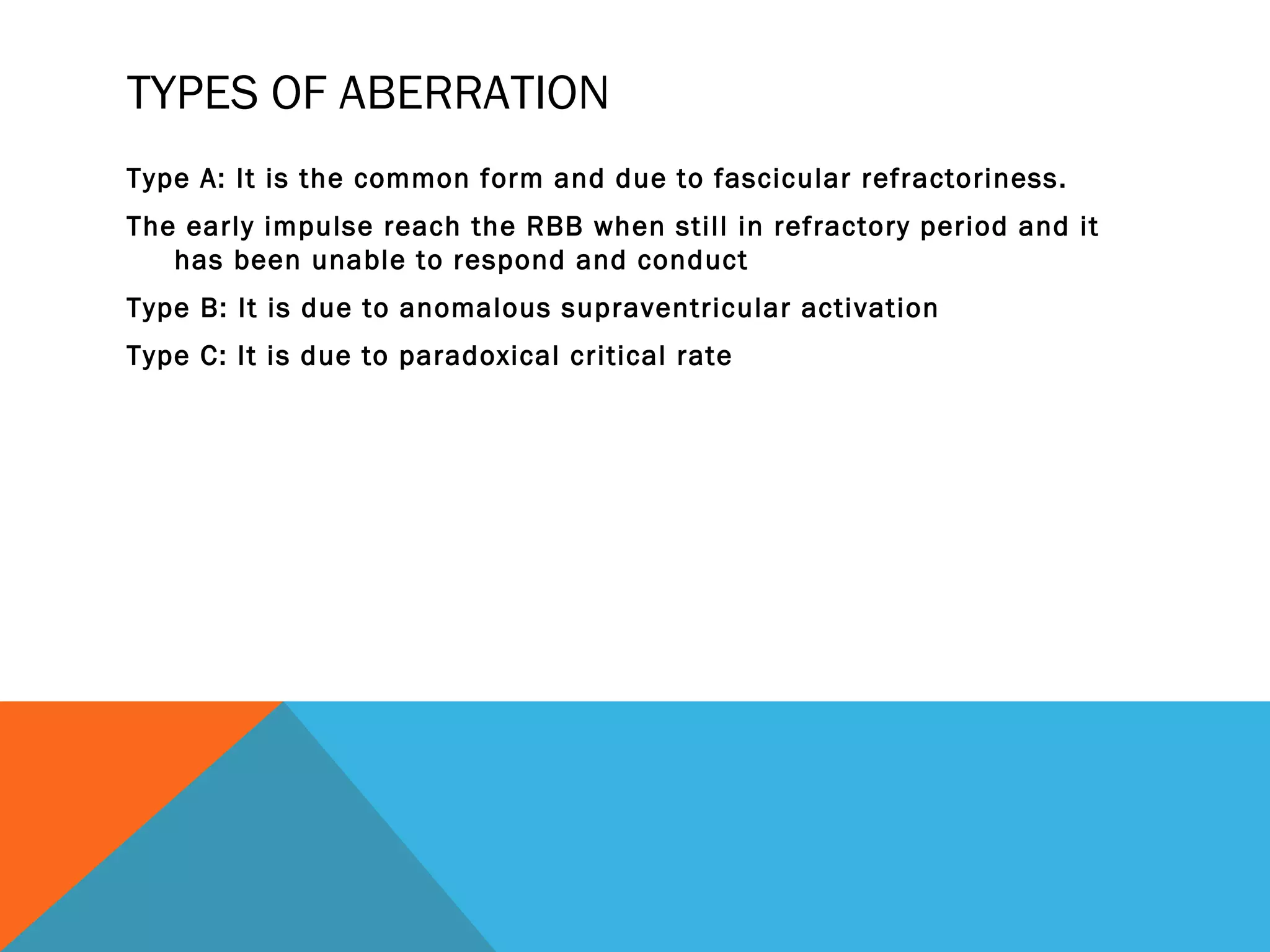 TYPES OF ABERRATION
Type A: It is the common form and due to fascicular refractoriness.
The early impulse reach the RBB when still in refractory period and it
   has been unable to respond and conduct
Type B: It is due to anomalous supraventricular activation
Type C: It is due to paradoxical critical rate
 