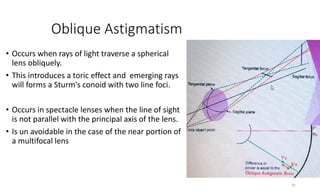 Oblique Astigmatism
• Occurs when rays of light traverse a spherical
lens obliquely.
• This introduces a toric effect and emerging rays
will forms a Sturm's conoid with two line foci.
• Occurs in spectacle lenses when the line of sight
is not parallel with the principal axis of the lens.
• Is un avoidable in the case of the near portion of
a multifocal lens
16
Oblique astigmatism. FH and FV represent
the horizontal and vertical line foci of a
Sturm's conoid
 