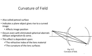 Curvature of Field
• Also called petzval surface
• Indicates a plane object gives rise to a curved
image
• Affects image position
• Occurs even with eliminated spherical aberration,
oblique astigmatism & coma .
• This effect is dependent upon:
The refractive index of the lens material
The curvature of the lens surfaces
27
 