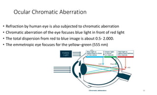 Ocular Chromatic Aberration
• Refraction by human eye is also subjected to chromatic aberration
• Chromatic aberration of the eye focuses blue light in front of red light
• The total dispersion from red to blue image is about 0.5- 2.00D.
• The emmetropic eye focuses for the yellow–green (555 nm)
38
 
