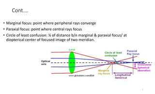 Cont.…
• Marginal focus: point where peripheral rays converge
• Paraxial focus: point where central rays focus
• Circle of least confusion: ¼ of distance b/n marginal & paraxial focus/ at
diopterical center of focused image of two meridian.
7
 