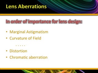 • Marginal Astigmatism
• Curvature of Field
. . . . .
• Distortion
• Chromatic aberration
 