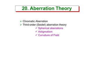 20. Aberration Theory
20. Aberration Theory
 Chromatic Aberration
 Third-order (Seidel) aberration theory
 Spherical aberrations
 Astigmatism
 Curvature of Field
 