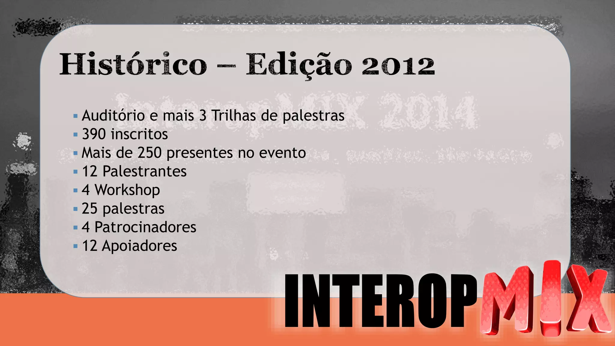  Auditório e mais 3 Trilhas de palestras 
 390 inscritos 
 Mais de 250 presentes no evento 
 12 Palestrantes 
 4 Workshop 
 25 palestras 
 4 Patrocinadores 
 12 Apoiadores 
 