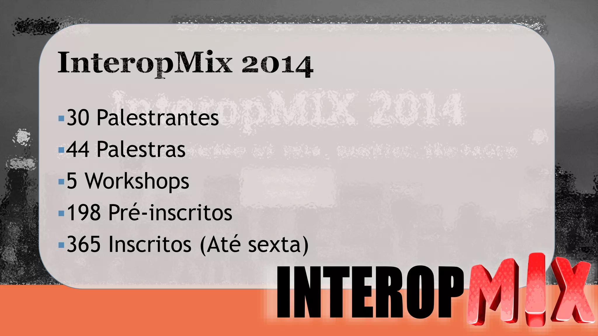 30 Palestrantes 
44 Palestras 
5 Workshops 
198 Pré-inscritos 
365 Inscritos (Até sexta) 
 