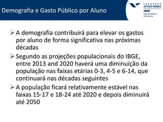 Demografia e Gasto Público por Aluno 
A demografia contribuirá para elevar os gastos 
por aluno de forma significativa nas próximas 
décadas 
Segundo as projeções populacionais do IBGE, 
entre 2013 and 2020 haverá uma diminuição da 
população nas faixas etárias 0-3, 4-5 e 6-14, que 
continuará nas décadas seguintes 
 A população ficará relativamente estável nas 
faixas 15-17 e 18-24 até 2020 e depois diminuirá 
até 2050 
 