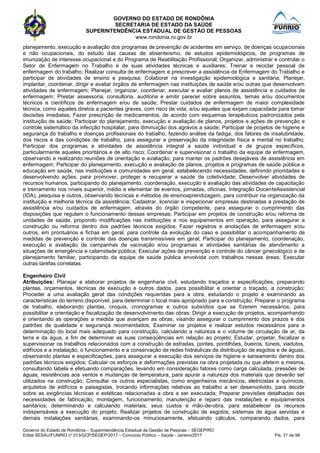 GOVERNO DO ESTADO DE RONDÔNIA
SECRETARIA DE ESTADO DA SAÚDE
SUPERINTENDÊNCIA ESTADUAL DE GESTÃO DE PESSOAS
www.rondonia.ro.gov.br
Governo do Estado de Rondônia – Superintendência Estadual de Gestão de Pessoas – SEGEP/RO
Edital SESAU/FUNRIO n° 013/GCP/SEGEP/2017 – Concurso Público – Saúde - Janeiro/2017 Fls. 31 de 98
planejamento, execução e avaliação dos programas de prevenção de acidentes em serviço, de doenças ocupacionais
e não ocupacionais, do estudo das causas de absenteísmo, de estudos epidemiológicos, de programas de
imunização de interesse ocupacional e do Programa de Reabilitação Profissional; Organizar, administrar e controlar o
Setor de Enfermagem no Trabalho e de suas atividades técnicas e auxiliares; Treinar e reciclar pessoal de
enfermagem do trabalho; Realizar consulta de enfermagem e prescrever a assistência de Enfermagem do Trabalho e
participar de atividades de ensino e pesquisa; Colaborar na investigação epidemiológica e sanitária; Planejar,
implantar, coordenar, dirigir e avaliar órgãos de enfermagem nas instituições de saúde e/ou outras que desenvolvam
atividades de enfermagem; Planejar, organizar, coordenar, executar e avaliar planos de assistência e cuidados de
enfermagem; Prestar assessoria, consultoria, auditoria e emitir parecer sobre assuntos, temas e/ou documentos
técnicos e científicos de enfermagem e/ou de saúde; Prestar cuidados de enfermagem de maior complexidade
técnica, como aqueles diretos a pacientes graves, com risco de vida, e/ou aqueles que exijam capacidade para tomar
decisões imediatas; Fazer prescrição de medicamentos, de acordo com esquemas terapêuticos padronizados pela
instituição de saúde; Participar do planejamento, execução e avaliação de planos, projetos e ações de prevenção e
controle sistemático da infecção hospitalar, para diminuição dos agravos a saúde; Participar de projetos de higiene e
segurança do trabalho e doenças profissionais do trabalho, fazendo análise da fadiga, dos fatores de insalubridade,
dos riscos e das condições de trabalho, para assegurar a preservação da integridade física e mental no trabalho;
Participar dos programas e atividades de assistência integral a saúde individual e de grupos específicos,
particularmente aqueles prioritários e de alto risco; Coordenar e supervisionar o trabalho da equipe de enfermagem,
observando e realizando reuniões de orientação e avaliação, para manter os padrões desejáveis de assistência em
enfermagem; Participar do planejamento, execução e avaliação de planos, projetos e programas de saúde pública e
educação em saúde, nas instituições e comunidades em geral, estabelecendo necessidades, definindo prioridades e
desenvolvendo ações, para promover, proteger e recuperar a saúde da coletividade; Desenvolver atividades de
recursos humanos, participando do planejamento, coordenação, execução e avaliação das atividades de capacitação
e treinamento nos níveis superior, médio e elementar de eventos, jornadas, oficinas, Integração DocenteAssistencial
(IDA), pesquisa e outros, observando técnicas e métodos de ensinoaprendizagem, para contribuir na organização da
instituição e melhoria técnica da assistência; Cadastrar, licenciar e inspecionar empresas destinadas a prestação de
assistência e/ou cuidados de enfermagem, através do órgão competente, para assegurar o cumprimento das
disposições que regulam o funcionamento dessas empresas; Participar em projetos de construção e/ou reforma de
unidades de saúde, propondo modificações nas instituições e nos equipamentos em operação, para assegurar a
construção ou reforma dentro dos padrões técnicos exigidos; Fazer registros e anotações de enfermagem e/ou
outros, em prontuários e fichas em geral, para controle da evolução do caso e possibilitar o acompanhamento de
medidas de prevenção e controle das doenças transmissíveis em geral; Participar do planejamento, coordenação,
execução e avaliação de campanhas de vacinação e/ou programas e atividades sanitárias de atendimento a
situações de emergência e calamidade pública; Executar ações de prevenção e controle do câncer ginecológico e de
planejamento familiar, participando da equipe de saúde pública envolvida com trabalhos nessas áreas; Executar
outras tarefas correlatas.
Engenheiro Civil
Atribuições: Planejar e elaborar projetos de engenharia civil, estudando traçados e especificações, preparando
plantas, orçamentos, técnicas de execução e outros dados, para possibilitar e orientar o traçado, a construção;
Proceder a uma avaliação geral das condições requeridas para a obra, estudando o projeto e examinando as
características do terreno disponível, para determinar o local mais apropriado para a construção; Preparar o programa
de trabalho, elaborando plantas, croquis, cronogramas e outros subsídios que se fizerem necessários, para
possibilitar a orientação e fiscalização de desenvolvimento das obras; Dirigir a execução de projetos, acompanhando
e orientando as operações a medida que avançam as obras, visando assegurar o cumprimento dos prazos e dos
padrões de qualidade e segurança recomendados; Examinar os projetos e realizar estudos necessários para a
determinação do local mais adequado para construção, calculando a natureza e o volume de circulação de ar, da
terra e da água, a fim de determinar as suas conseqüências em relação ao projeto; Estudar, projetar, fiscalizar e
supervisionar os trabalhos relacionados com a construção de estradas, pontes, pontilhões, bueiros, túneis, viadutos,
edifícios e a instalação, o funcionamento e a conservação de redes hidráulicas de distribuição de esgotos e de águas,
observando plantas e especificações, para assegurar a execução dos serviços de higiene e saneamento dentro dos
padrões técnicos exigidos; Calcular os esforços e deformações previstas na obra projetada ou que afetem a mesma,
consultando tabela e efetuando comparações, levando em consideração fatores como carga calculada, pressões de
águas, resistências aos ventos e mudanças de temperatura, para apurar a natureza dos materiais que deverão ser
utilizados na construção; Consultar os outros especialistas, como engenheiros mecânicos, eletricistas e químicos,
arquitetos de edifícios e paisagistas, trocando informações relativas ao trabalho a ser desenvolvido, para decidir
sobre as exigências técnicas e estéticas relacionadas a obra a ser executada; Preparar previsões detalhadas das
necessidades de fabricação, montagem, funcionamento, manutenção e reparo das instalações e equipamentos
sanitários, determinando e calculando materiais, seus custos e mão-de-obra, para estabelecer os recursos
indispensáveis a execução do projeto; Realizar projetos de construção de esgotos, sistemas de água servidas e
demais instalações sanitárias, examinando-os minuciosamente, efetuando cálculos, comparando dados, para
 