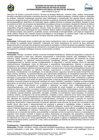 GOVERNO DO ESTADO DE RONDÔNIA
SECRETARIA DE ESTADO DA SAÚDE
SUPERINTENDÊNCIA ESTADUAL DE GESTÃO DE PESSOAS
www.rondonia.ro.gov.br
Governo do Estado de Rondônia – Superintendência Estadual de Gestão de Pessoas – SEGEP/RO
Edital SESAU/FUNRIO n° 013/GCP/SEGEP/2017 – Concurso Público – Saúde - Janeiro/2017 Fls. 33 de 98
assinatura de laudos e pareceres técnicos; Na área de Biologia Molecular, incluindo coleta, análise, interpretação,
emissão e assinatura dos laudos e pareceres técnicos; Na área de análises toxilógicas, incluindo coleta e a realização
de análises, utilizando metodologia específica para identificação e quantificação dos agentes tóxicos, poluentes,
fármacos e drogas de abuso com finalidade de controles ocupacional, ambiental, alimentar, terapêutico, de doping, de
farmacodependência, diagnóstico de intoxicação aguda, análises forenses e avaliação toxicológica; Atuação na área
de auditoria do SUS nos processos dos laboratórios de análises clínicas conveniados; Atuação em Bancos de Sêmen
e bancos de leite; Bromatologia e tecnologia de alimentos; Realizar determinações laboratoriais no campo da
citogenética; Preparar reagentes, soluções, vacinas, meios de culturas e outros para aplicação em análises clínicas,
realizando estudos para implantação de novos métodos; Efetuar análise bromatológica de água e alimentos, através
de métodos próprios, para garantir a qualidade, pureza, conservação e homogeneidade, com vistas ao resguardo da
saúde pública; Efetuar e/ou controlar exames toxicológicos e de peritagem na medicina legal; Todas as atividades
regulamentadas pelo Conselho Federal de Farmácia; Executar outras tarefas correlatas.
Físico
Atribuições: Participação direta na elaboração dos tratam radioterápicos, tanto no cálculo da dose, como na garantia
do controle de qualidade desse tratamento; Calibração dos feixes terapêuticos em termos de dose absorvida;
Desenvolvimento e execução dos programas para testes de aceitação e controle da garanti da qualidade; Organizar e
apoiar o planejamento de programas de treinamento e formação de recursos humanos; Desenvolvimento e execução
de programas e proteção radiológica; Executar outras tarefas correlatas.
Fisioterapeuta
Atribuições: Planejar, coordenar, orientar e executar atividades fisioterápicas, elaborando diagnóstico e indicando os
recursos adequados a cada caso, utilizando equipamentos e instrumentos próprios, para reabilitação física do
indivíduo; Colher, observar e interpretar dados para a construção de um diagnóstico dos distúrbios da cinesia
funcional; Identificar os distúrbios cinéticos-funcionais prevalentes; Solicitar, executar, analisar e interpretar
metodologicamente os devidos exames complementares no diagnóstico e controle evolutivo clínico da demanda
cinética-funcional; Estabelecer níveis de disfunções e prognósticos fisioterapêuticos; Elaborar a programação
progressiva dos objetos fisioterapêuticos; Eleger e aplicar os recursos e técnicas mais adequadas, com base no
conhecimento das reações colaterais adversas previsíveis, inerentes à plena intervenção fisioterapêutica; Decidir pela
alta fisioterapêutica provisória ou definitiva; Planejar, supervisionar e orientar intervenções fisioterapêuticas
preventivas, mantenedoras e de reabilitação, ou de atenção primeira, segunda e terceira de saúde; Encaminhar com
bases clínicas científicas, os pacientes/clientes para intervenções profissionais de competência específica; Prestar
consultorias; Emitir laudos, pareceres e atestados; Participar de projetos e programas oficiais de saúde voltados à
educação e à prevenção de demandas de saúde funcional na comunidade; Ministrar aulas, conferências e palestras
no campo da Fisioterapia e da saúde em geral; Desenvolver e executar projetos de pesquisas científicas em saúde;
Identificar e executar projetos de pesquisas científicas em saúde; Identificar, quantificar e qualificar as intercorrências
decorrentes de princípios químicos, físicos e mecânicos que possam interferir positiva ou negativamente na saúde;
Identificar e sanear intercorrências na qualidade e segurança da saúde; Atuar multiprofissionalmente ou
interprofissionalmente, com extrema produtividade na promoção de saúde baseado na convicção científica de
cidadania e ética; Acompanhar e incorporar inovações tecnológicas (informática, biotecnologia e novas metodologias)
no exercício da profissão; Vigilância em Saúde; Executar tratamento de afecções reumáticas, osteoartroses, seqüelas
de acidentes vascular-cerebrais, poliomielite, meningite, encefalite, de traumatismos raqui-medulares, de paralisias
cerebrais motoras, neurógenias e de nervos periféricos, miopatias e outros, utilizando-se de meios físicos especiais,
para reduzir ao mínimo as conseqüências dessas doenças; Desenvolver exercícios corretivos de coluna, defeitos dos
pés, afecções dos aparelhos respiratórios e cardiovasculares, orientando e treinando o paciente em exercício,
ginásticas especiais, para promover correção de desvios posturais e estimular a expansão respiratória e a circulação
sangüínea; Acompanhar o desenvolvimento do paciente, aplicando novas técnicas, de acordo com a evolução do seu
quadro clínico, para ajudar o desenvolvimento do programa e apressar a reabilitação; Avaliar o paciente, nos
aspectos fisioterápicos, com o objetivo de definir o tratamento adequado, levando em consideração a situação do
mesmo; Participar de grupos de estudos, analisando os casos em tratamento, para melhorar a qualidade das técnicas
utilizadas e a reabilitação do indivíduo; Supervisionar e avaliar atividades do pessoal auxiliar de fisioterapia,
orientando-os na execução das tarefas, para possibilitar a realização correta de exercícios físicos e a manipulação de
aparelhos mais simples; Controlar o registro de dados, observando as anotações das aplicações e tratamentos
realizados, para elaborar boletins estatísticos; Esclarecer e orientar a família sobre as necessidades de continuidade
do tratamento em casa ou em clínica especializada, a fim de garantir e agilizar a reabilitação do paciente; Orientar
servidores da classe anterior, quando for o caso, sobre as atividades que deverão ser desenvolvidas; Executar outras
tarefas correlatas.
Fisioterapeuta – Especialista em Fisioterapia Cardiorespiratória
Atribuições: Planejar, coordenar, orientar e executar atividades fisioterápicas, elaborando diagnóstico e indicando os
recursos adequados a cada caso, utilizando equipamentos e instrumentos próprios, para reabilitação física do
 