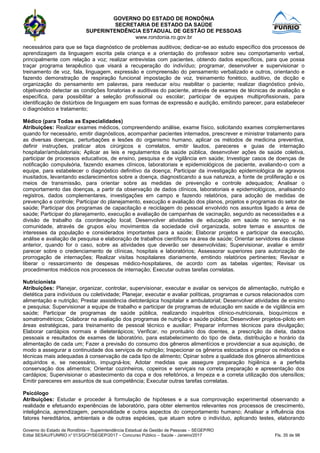 GOVERNO DO ESTADO DE RONDÔNIA
SECRETARIA DE ESTADO DA SAÚDE
SUPERINTENDÊNCIA ESTADUAL DE GESTÃO DE PESSOAS
www.rondonia.ro.gov.br
Governo do Estado de Rondônia – Superintendência Estadual de Gestão de Pessoas – SEGEP/RO
Edital SESAU/FUNRIO n° 013/GCP/SEGEP/2017 – Concurso Público – Saúde - Janeiro/2017 Fls. 35 de 98
necessários para que se faça diagnóstico de problemas auditivos; dedicar-se ao estudo específico dos processos de
aprendizagem da linguagem escrita pela criança e a orientação do professor sobre seu comportamento verbal,
principalmente com relação a voz; realizar entrevistas com pacientes, obtendo dados específicos, para que possa
traçar programa terapêutico que visará a recuperação do indivíduo; programar, desenvolver e supervisionar o
treinamento de voz, fala, linguagem, expressão e compreensão do pensamento verbalizado e outros, orientando e
fazendo demonstração de respiração funcional impostação de voz, treinamento fonético, auditivo, de dicção e
organização do pensamento em palavras, para reeducar e/ou reabilitar o paciente; realizar diagnóstico prévio,
objetivando detectar as condições fonatorias e auditivas do paciente, através de exames de técnicas de avaliação e
específica, para possibilitar a seleção profissional ou escolar; participar de equipes multiprofissionais, para
identificação de distúrbios de linguagem em suas formas de expressão e audição, emitindo parecer, para estabelecer
o diagnóstico e tratamento;
Médico (para Todas as Especialidades)
Atribuições: Realizar exames médicos, compreendendo análise, exame físico, solicitando exames complementares
quando for necessário, emitir diagnósticos, acompanhar pacientes internados, prescrever e ministrar tratamento para
as diversas doenças, perturbações e lesões do organismo humano, aplicar os métodos de medicina preventiva,
definir instruções, praticar atos cirúrgicos e correlatos, emitir laudos, pareceres e guias de internação
hospitalar/ambulatoriais; Aplicar as leis e regulamentos da saúde pública, desenvolver ações de saúde coletiva,
participar de processos educativos, de ensino, pesquisa e de vigilância em saúde; Investigar casos de doenças de
notificação compulsória, fazendo exames clínicos, laboratoriais e epidemiológicos de paciente, avaliando-o com a
equipe, para estabelecer o diagnóstico definitivo da doença; Participar da investigação epidemiológica de agravos
inusitados, levantando esclarecimentos sobre a doença, diagnosticando a sua natureza, a fonte de proliferação e os
meios de transmissão, para orientar sobre as medidas de prevenção e controle adequados; Analisar o
comportamento das doenças, a partir da observação de dados clínicos, laboratoriais e epidemiológicos, analisando
registros, dados complementares, investigações em campo e fazendo relatórios, para adoção de medidas de
prevenção e controle; Participar do planejamento, execução e avaliação dos planos, projetos e programas do setor de
saúde; Participar dos programas de capacitação e reciclagem do pessoal envolvido nos assuntos ligado a área de
saúde; Participar do planejamento, execução e avaliação de campanhas de vacinação, segundo as necessidades e a
divisão de trabalho da coordenação local; Desenvolver atividades de educação em saúde no serviço e na
comunidade, através de grupos e/ou movimentos da sociedade civil organizada, sobre temas e assuntos de
interesses da população e considerados importantes para a saúde; Elaborar projetos e participar da execução,
análise e avaliação de pesquisa e elaboração de trabalhos científicos na área de saúde; Orientar servidores da classe
anterior, quando for o caso, sobre as atividades que deverão ser desenvolvidas; Supervisionar, avaliar e emitir
parecer sobre o credenciamento de clínicas, hospitais e laboratórios; Assessorar superiores para autorização de
prorrogação de internações; Realizar visitas hospitalares diariamente, emitindo relatórios pertinentes; Revisar e
liberar o ressarcimento de despesas médico-hospitalares, de acordo com as tabelas vigentes; Revisar os
procedimentos médicos nos processos de internação; Executar outras tarefas correlatas.
Nutricionista
Atribuições: Planejar, organizar, controlar, supervisionar, executar e avaliar os serviços de alimentação, nutrição e
dietética para indivíduos ou coletividade; Planejar, executar e avaliar políticas, programas e cursos relacionados com
alimentação e nutrição; Prestar assistência dietoterápica hospitalar e ambulatorial; Desenvolver atividades de ensino
e pesquisa; Supervisionar a equipe de trabalho e participar de programas de educação em saúde e de vigilância em
saúde; Participar de programas de saúde pública, realizando inquéritos clínico-nutricionais, bioquímicos e
somatrométricos; Colaborar na avaliação dos programas de nutrição e saúde pública; Desenvolver projetos-piloto em
áreas estratégicas, para treinamento de pessoal técnico e auxiliar; Preparar informes técnicos para divulgação;
Elaborar cardápios normais e dieteterápicos; Verificar, no prontuário dos doentes, a prescrição da dieta, dados
pessoais e resultados de exames de laboratório, para estabelecimento do tipo de dieta, distribuição e horário da
alimentação de cada um; Fazer a previsão do consumo dos gêneros alimentícios e providenciar a sua aquisição, de
modo a assegurar a continuidade dos serviços de nutrição; Inspecionar os gêneros estocados e propor os métodos e
técnicas mais adequadas à conservação de cada tipo de alimento; Opinar sobre a qualidade dos gêneros alimentícios
adquiridos e, se necessário, impugná-los; Adotar medidas que assegure preparação higiênica e a perfeita
conservação dos alimentos; Orientar cozinheiros, copeiros e serviçais na correta preparação e apresentação dos
cardápios; Supervisionar o abastecimento da copa e dos refeitórios, a limpeza e a correta utilização dos utensílios;
Emitir pareceres em assuntos de sua competência; Executar outras tarefas correlatas.
Psicólogo
Atribuições: Estudar e proceder à formulação de hipóteses e a sua comprovação experimental observando a
realidade e efetuando experiências de laboratório, para obter elementos relevantes nos processos de crescimento,
inteligência, aprendizagem, personalidade e outros aspectos do comportamento humano; Analisar a influência dos
fatores hereditários, ambientais e de outras espécies, que atuam sobre o indivíduo, aplicando testes, elaborando
 