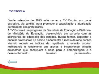 Desde setembro de 1995 está no ar a TV Escola, um canal exclusivo, via satélite, para promover a capacitação e atualização permanente dos professores.  A TV Escola é um programa da Secretaria de Educação a Distância, do Ministério da Educação, desenvolvido em parceria com as secretarias de educação dos estados. Busca formar, capacitar e orientar professores do ensino fundamental e médio da rede pública visando reduzir os índices de repetência e evasão escolar, melhorando o rendimento dos alunos e incentivando atitudes autônomas que constituam a base para a aprendizagem e o desenvolvimento humano permanentes. TV ESCOLA 