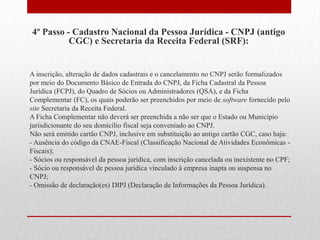 4º Passo - Cadastro Nacional da Pessoa Jurídica - CNPJ (antigo
          CGC) e Secretaria da Receita Federal (SRF):


A inscrição, alteração de dados cadastrais e o cancelamento no CNPJ serão formalizados
por meio do Documento Básico de Entrada do CNPJ, da Ficha Cadastral da Pessoa
Jurídica (FCPJ), do Quadro de Sócios ou Administradores (QSA), e da Ficha
Complementar (FC), os quais poderão ser preenchidos por meio de software fornecido pelo
site Secretaria da Receita Federal.
A Ficha Complementar não deverá ser preenchida a não ser que o Estado ou Município
jurisdicionante do seu domicílio fiscal seja conveniado ao CNPJ.
Não será emitido cartão CNPJ, inclusive em substituição ao antigo cartão CGC, caso haja:
- Ausência do código da CNAE-Fiscal (Classificação Nacional de Atividades Econômicas -
Fiscais);
- Sócios ou responsável da pessoa jurídica, com inscrição cancelada ou inexistente no CPF;
- Sócio ou responsável de pessoa jurídica vinculado à empresa inapta ou suspensa no
CNPJ;
- Omissão de declaração(es) DIPJ (Declaração de Informações da Pessoa Jurídica).
 