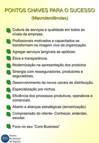 PONTOS CHAVES PARA O SUCESSO
(Macrotendências)
Cultura de serviços e qualidade em todos as
níveis da empresa.
Profissionais motivados e capacitados se
transformam na imagem viva da organização.
Agregar serviços tangíveis as apólices.
Ética e transparência.

Modernização na apresentação dos produtos
Sinergia com resseguradores, produtores e
seguradores.
Desenvolvimento de novos canais de distribuição.
Especialização por nichos.
Eficiência dos processos produtivos, operativos e
comerciais.
Aberto a alianças estratégicas (terceirização)
Compreensão do cliente- Conhecer, entender,
escutar.
Foco no seu “Core Business”

 