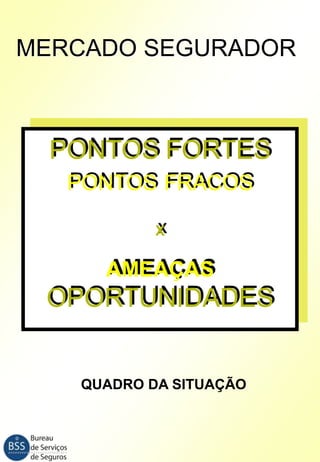 MERCADO SEGURADOR

PONTOS FORTES
PONTOS FRACOS
X

AMEAÇAS

OPORTUNIDADES

QUADRO DA SITUAÇÃO

 
