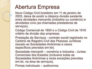 Abertura Empresa
Novo Código Civil brasileiro em 11 de janeiro de
2003, deixa de existir a clássica divisão existente
entre atividades mercantis (indústria ou comércio) e
atividades civis (as chamadas prestadoras de
serviços).
Código Comercial de 1850 e o Código Civil de 1916
critério de divisão das empresas.
Prestação de Serviços - contrato social registrado no
Cartório de Registro Civil das Pessoas Jurídicas
(exceto as Sociedades Anônimas e casos
específicos previstos em lei).
Sociedade mercantil – comércio e industria - Juntas
Comerciais dos Estados (inclusive todas as
Sociedades Anônimas e raras exceções previstas
em lei, na área de serviços).
Firmas individuais – autônomos
 
