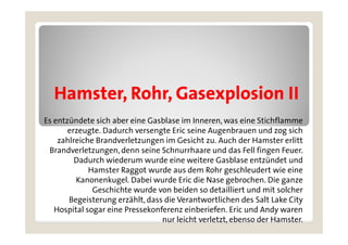 Hamster, Rohr,
  Hamster Rohr Gasexplosion II
Es entzündete sich aber eine Gasblase im Inneren, was eine Stichflamme
       erzeugte. Dadurch versengte Eric seine Augenbrauen und zog sich
    zahlreiche Brandverletzungen im Gesicht zu. Auch der Hamster erlitt
 Brandverletzungen,
 Brandverletzungen denn seine Schnurrhaare und das Fell fingen Feuer.
                                                                   Feuer
         Dadurch wiederum wurde eine weitere Gasblase entzündet und
             Hamster Raggot wurde aus dem Rohr geschleudert wie eine
         Kanonenkugel. Dabei wurde Eric die Nase gebrochen. Die ganze
         K        k    l D b i     d E i di N          b h      Di
              Geschichte wurde von beiden so detailliert und mit solcher
       Begeisterung erzählt, dass die Verantwortlichen des Salt Lake City
   Hospital sogar eine Pressekonferenz einberiefen. Eric und Andy waren
                                 nur leicht verletzt, ebenso der Hamster.
 