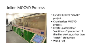 Inline MOCVD Process 
• Funded by LCRI “SPARC” 
project. 
• Chamberless MOCVD 
process. 
• Creates potential for 
“continuous” production of 
thin film devices, rather than 
“batch“ production. 
• World First 
 