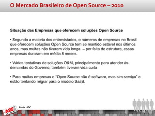 O Mercado Brasileiro de Open Source – 2010



Situação das Empresas que oferecem soluções Open Source

• Segundo a maioria dos entrevistados, o números de empresas no Brasil
que oferecem soluções Open Source tem se mantido estável nos últimos
anos, mas muitas não tiveram vida longa – por falta de estrutura, essas
empresas duraram em média 8 meses.

• Várias tentativas de soluções O&M, principalmente para atender às
demandas do Governo, também tiveram vida curta

• Para muitas empresas o “Open Source não é software, mas sim serviço” e
estão tentando migrar para o modelo SaaS.




     Fonte : IDC
 