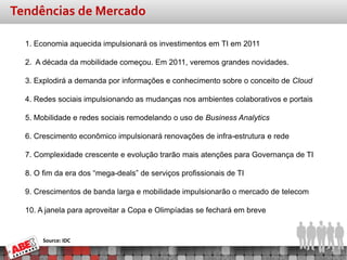 Tendências de Mercado

  1. Economia aquecida impulsionará os investimentos em TI em 2011

  2. A década da mobilidade começou. Em 2011, veremos grandes novidades.

  3. Explodirá a demanda por informações e conhecimento sobre o conceito de Cloud

  4. Redes sociais impulsionando as mudanças nos ambientes colaborativos e portais

  5. Mobilidade e redes sociais remodelando o uso de Business Analytics

  6. Crescimento econômico impulsionará renovações de infra-estrutura e rede

  7. Complexidade crescente e evolução trarão mais atenções para Governança de TI

  8. O fim da era dos “mega-deals” de serviços profissionais de TI

  9. Crescimentos de banda larga e mobilidade impulsionarão o mercado de telecom

  10. A janela para aproveitar a Copa e Olimpíadas se fechará em breve


       Source: IDC
 