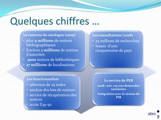 Quelques chiffres …
  Le contenu du catalogue (2009)    Les consultations (2008)
  • plus 9 millions de notices      • 25 millions de recherches
    bibliographiques                • Issues d'une
  • Environ 2 millions de notices     cinquantaine de pays
    d’autorités
  • 3000 notices de bibliothèques
  • 27 millions de localisations


    Les fonctionnalités                    Le service de PEB
    • sélection de 25 index            2008 : env. 215 000 demandes
    • analyse des lots de notices                satisfaites
    • service de récupération des     Intégration avec le réseau du
                                                   PIB
      notices
    • accès Z39-50
 