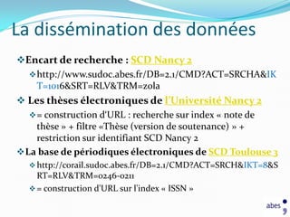 La dissémination des données
Encart de recherche : SCD Nancy 2
    http://www.sudoc.abes.fr/DB=2.1/CMD?ACT=SRCHA&IK
     T=1016&SRT=RLV&TRM=zola
 Les thèses électroniques de l’Université Nancy 2
    = construction d‘URL : recherche sur index « note de
     thèse » + filtre «Thèse (version de soutenance) » +
     restriction sur identifiant SCD Nancy 2
 La base de périodiques électroniques de SCD Toulouse 3
   http://corail.sudoc.abes.fr/DB=2.1/CMD?ACT=SRCH&IKT=8&S
    RT=RLV&TRM=0246-0211
   = construction d'URL sur l'index « ISSN »
 