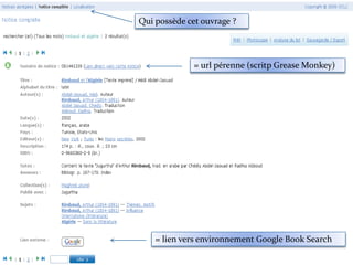 Qui possède cet ouvrage ?




              = url pérenne (scritp Grease Monkey)




    = lien vers environnement Google Book Search
 