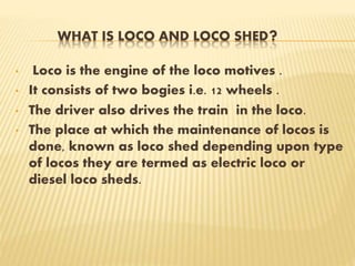 WHAT IS LOCO AND LOCO SHED?
• Loco is the engine of the loco motives .
• It consists of two bogies i.e. 12 wheels .
• The driver also drives the train in the loco.
• The place at which the maintenance of locos is
done, known as loco shed depending upon type
of locos they are termed as electric loco or
diesel loco sheds.
 