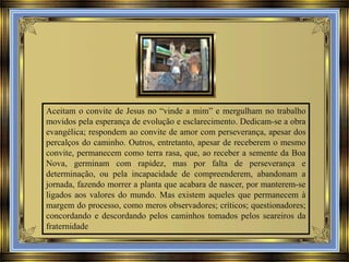 Aceitam o convite de Jesus no “vinde a mim” e mergulham no trabalho
movidos pela esperança de evolução e esclarecimento. Dedicam-se a obra
evangélica; respondem ao convite de amor com perseverança, apesar dos
percalços do caminho. Outros, entretanto, apesar de receberem o mesmo
convite, permanecem como terra rasa, que, ao receber a semente da Boa
Nova, germinam com rapidez, mas por falta de perseverança e
determinação, ou pela incapacidade de compreenderem, abandonam a
jornada, fazendo morrer a planta que acabara de nascer, por manterem-se
ligados aos valores do mundo. Mas existem aqueles que permanecem à
margem do processo, como meros observadores; críticos; questionadores;
concordando e descordando pelos caminhos tomados pelos seareiros da
fraternidade

 