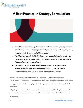 1 www.arabbusinessreview.com 
A Best Practice in Strategy Formulation 
 One of the main reasons of the dissolution of numerous major corporations 
is the lack of vision and appropriate strategies for coping with the fast pace of 
business trends & technological innovations. 
 The Management Mix Guide is a 7 step referential platform for developing 
corporate strategy; it is also a guide for reengineering, & restructuring and 
dynamically managing the change. 
 The Guide is based on nine organizational elements to be analyzed & 
formulated taking into consideration the impact of the five micro-environmental 
factors and four macro-environmental factors. 
How can companies & organizations assure a sustainable strategic development? 
One of the main reasons of the dissolution of numerous major corporations is the lack of vision 
and appropriate strategies for coping with the fast pace of business trends & technological 
innovations. 
NCR, Wang Laboratories, BBAC are companies that have been vanished long time ago; and 
more recently major names such as Delta Airlines, General Motors or World Com have also 
disappeared. 
 