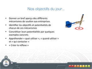 Nos objectifs du jour…

•  Donner	
  un	
  bref	
  aperçu	
  des	
  diﬀérents	
  
   mécanismes	
  de	
  sou?en	
  aux	
  entreprises	
  
•  Iden?ﬁer	
  les	
  objec?fs	
  et	
  poten?alités	
  de	
  
   chacun	
  de	
  ces	
  mécanismes	
  	
  
•  Concré?ser	
  leurs	
  poten?alités	
  par	
  quelques	
  
   exemples	
  concrets	
  
•  Appréhender	
  «	
  quoi	
  u?liser	
  »,	
  «	
  quand	
  u?liser	
  »	
  
   et	
  «	
  qui	
  contacter	
  »	
  
•  «	
  Créer	
  le	
  réﬂexe	
  »	
  
 