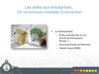 Les aides aux entreprises…
De nombreuses modalités d’intervention



                    •  Le financement
                       –  Prêts subordonnés ou non
                          (Fonds de Participation,
                          Brusoc…)
                       –  Garanties (Fonds de Garantie)
                       –  Capital risque (SRIB)
 