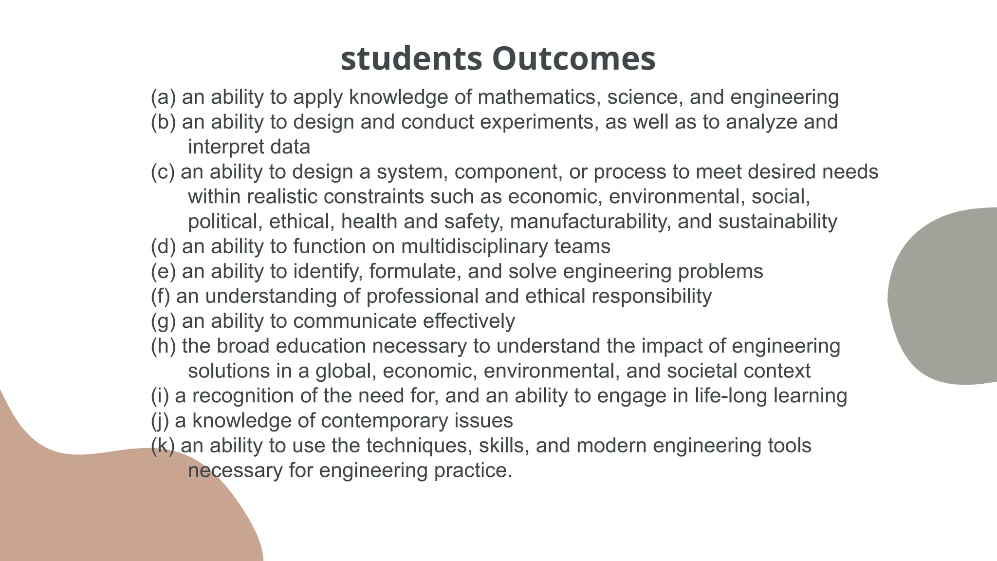 students Outcomes
(a) an ability to apply knowledge of mathematics, science, and engineering
(b) an ability to design and conduct experiments, as well as to analyze and
interpret data
(c) an ability to design a system, component, or process to meet desired needs
within realistic constraints such as economic, environmental, social,
political, ethical, health and safety, manufacturability, and sustainability
(d) an ability to function on multidisciplinary teams
(e) an ability to identify, formulate, and solve engineering problems
(f) an understanding of professional and ethical responsibility
(g) an ability to communicate effectively
(h) the broad education necessary to understand the impact of engineering
solutions in a global, economic, environmental, and societal context
(i) a recognition of the need for, and an ability to engage in life-long learning
(j) a knowledge of contemporary issues
(k) an ability to use the techniques, skills, and modern engineering tools
necessary for engineering practice.
 