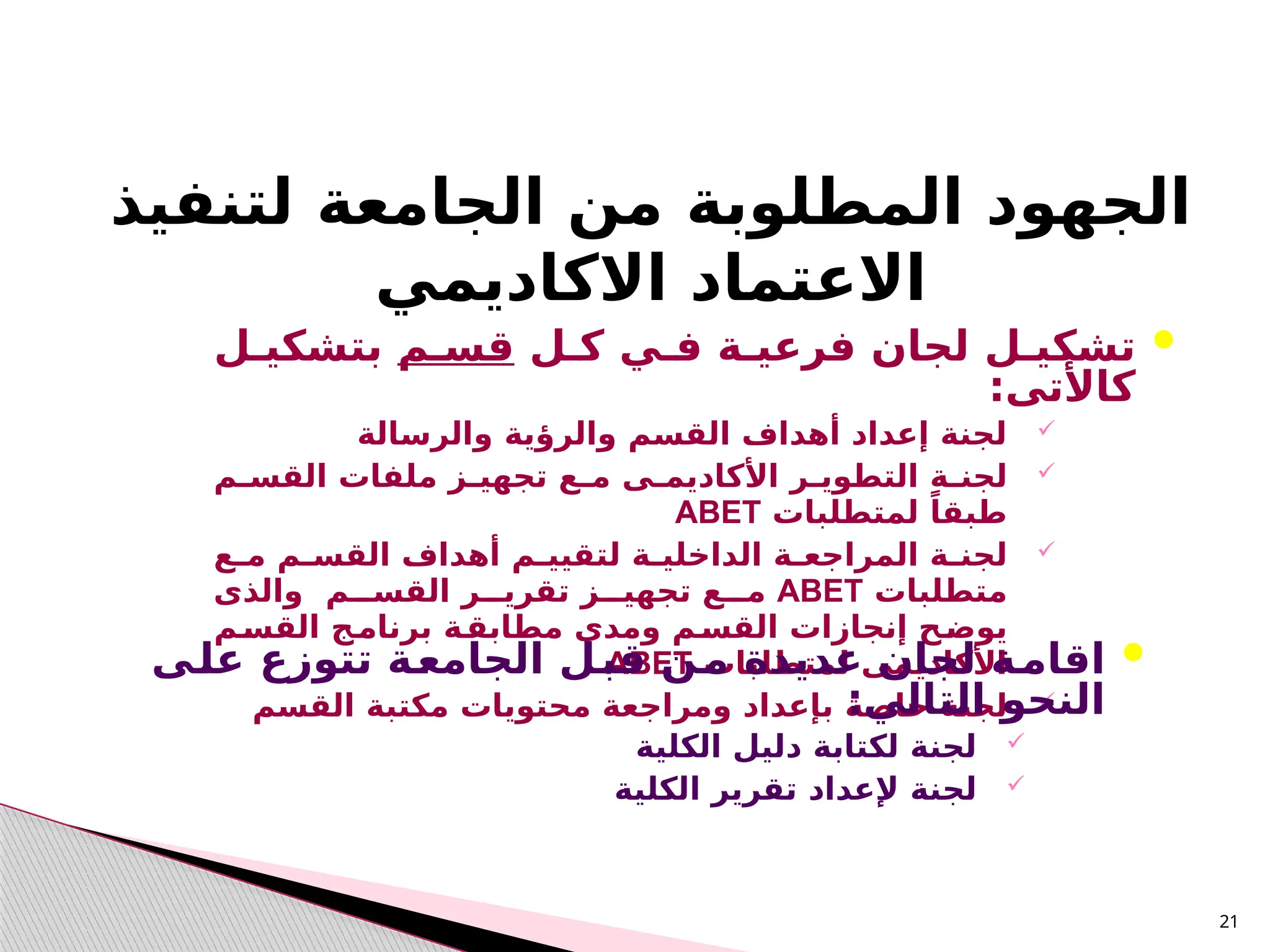 21

‫فـي‬ ‫فرعيـة‬ ‫لجان‬ ‫تشكيـل‬
‫كـل‬
‫قسـم‬
‫بتشكيـل‬
:‫كاألتى‬

‫والرسالة‬ ‫والرؤية‬ ‫القسم‬ ‫أهداف‬ ‫إعداد‬ ‫لجنة‬

‫األكاديمـى‬ ‫التطويـر‬ ‫ـة‬
‫ـ‬‫لجن‬
‫ـم‬
‫ـ‬‫القس‬ ‫ملفات‬ ‫ـز‬
‫ـ‬‫تجهي‬ ‫ـع‬
‫ـ‬‫م‬
‫لمتطلبات‬ ً‫طبقا‬
ABET

‫ـع‬
‫ـ‬‫م‬ ‫ـم‬
‫ـ‬‫القس‬ ‫أهداف‬ ‫ـم‬
‫ـ‬‫لتقيي‬ ‫ـة‬
‫ـ‬‫الداخلي‬ ‫ـة‬
‫ـ‬‫المراجع‬ ‫ـة‬
‫ـ‬‫لجن‬
‫متطلبات‬
ABET
‫القســـم‬ ‫تقريـــر‬ ‫تجهيـــز‬ ‫مـــع‬
‫والذى‬
‫ـم‬
‫القس‬ ‫ـج‬
‫برنام‬ ‫ـة‬
‫مطابق‬ ‫ومدى‬ ‫ـم‬
‫القس‬ ‫إنجازات‬ ‫ـح‬
‫يوض‬
‫لمتطلبات‬ ‫األكاديمى‬
ABET

‫لجن‬
‫ة‬
‫القسم‬ ‫مكتبة‬ ‫محتويات‬ ‫ومراجعة‬ ‫بإعداد‬ ‫خاصة‬

‫ـى‬
‫ل‬‫ع‬ ‫تتوزع‬ ‫ـة‬
‫ع‬‫الجام‬ ‫ـل‬
‫قب‬ ‫ـن‬
‫م‬ ‫عديدة‬ ‫لجان‬ ‫ـة‬
‫م‬‫اقا‬
:‫التالي‬ ‫النحو‬

‫الكلية‬ ‫دليل‬ ‫لكتابة‬ ‫لجنة‬

‫الكلي‬ ‫تقرير‬ ‫إلعداد‬ ‫لجنة‬
‫ة‬
‫الجهود‬
‫المطلوبة‬
‫من‬
‫ال‬
‫جامعة‬
‫لتنفيذ‬
‫االكاديمي‬ ‫االعتماد‬
 