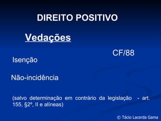DIREITO POSITIVO Vedações Não-incidência CF/88 Isenção (salvo determinação em contrário da legislação  - art. 155,  §2º, II e alíneas) 