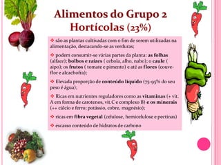 Alimentos do Grupo 2
    Hortícolas (23%)
 são as plantas cultivadas com o fim de serem utilizadas na
alimentação, destacando-se as verduras;
 podem consumir-se várias partes da planta: as folhas
(alface); bolbos e raízes ( cebola, alho, nabo); o caule (
aipo); os frutos ( tomate e pimento) e até as flores (couve-
flor e alcachofra);
 Elevada proporção de conteúdo líquido (75-95% do seu
peso é água);
 Ricas em nutrientes reguladores como as vitaminas (+ vit.
A em forma de carotenos, vit.C e complexo B) e os minerais
(++ cálcio e ferro; potássio, cobre, magnésio);
 ricas em fibra vegetal (celulose, hemicelulose e pectinas)
 escasso conteúdo de hidratos de carbono
 