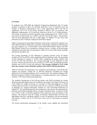 111
6.3 Faculty
In academic year 2007-2008 the Industrial Engineering Department had 22 faculty
members consisting of 68% (15) full-time professors, 4.5% (1) professor from the
College of Business Administration with a joint appointment (50%) with the IE
department, and 27.5% of the faculty divided as follows: 14% (3) professors with
additional compensations, 9% (2) part-time professors, and 4.5% (1) visiting professor.
All of them are directly involved in teaching at the undergraduate level. Of the 15 full-
time faculty members there are 13 PhD’s, one ME, and one BS degree. The professor
with the joint appointment also has a PhD degree. In addition, we have four more
professors on leave of absence studying for their Ph.D. degrees.
Table 6.1A presents the percentage distribution of the faculty workload for academic year
2007-2008 and Table 6.1B presents a summary of the faculty workload in credit hours for
the same academic year. In both tables courses ININ 6999 (Master Thesis) and ININ
6998 (Master Project) were considered as research activity. Averages of the percentage
distribution and credit hours are presented in Table 6.1C for the entire faculty members
and full-time members only.
The average percentage of time dedicated to teaching activities across all faculty
members is 68.13% and 56% when considering full time professors only. The percentage
of time dedicated to research is 16.99% when considering all faculty members and
25.41% for full time professors. The average percentage of time dedicated to other
activities, which in all cases are service activities, is 14.87% when considering all faculty
members and 18.59% for full time professors. The average workload is 13.22 credit
hours per semester across all faculty members and 15.83 for full time professors.
Table 6.2 describes the composition, size, credentials, and experience of the faculty that
supports our program. Among the 15 full-time professors (excluding the visiting
professors) 12 are tenured professors and 3 on tenure-track. The academic ranking of the
full-time professors include 10 full professors, 3 assistant professors, and 2 instructors.
Of those, 7 (47%) have professional registration.
The academic background of the full-time faculty with PhDs (excluding the visiting
professors) includes degrees from eleven different universities: Penn State University (2),
Texas A&M (3), Lehigh University (1), University of Wisconsin-Madison (1), North
Carolina State University (1), Iowa State University (1), University of PR (2), University
of Michigan (2), Virginia Polytechnic Institute (1), and Universidad Politécnica de
Madrid (1). The cultural background of our professors is also diverse; the department has
professors from India, Nicaragua, Mexico, Ecuador, and Puerto Rico. As shown in Table
6.2, 8 (53%) of the 15 full time professors have experience in the government or the
industry. The professor from the College of Business Administration with the joint
appointment also has a significant number of years of experience with the government
and industry. Thirteen out of 15 (87%) have some level of involvement in research
activities.
The diverse professional background of the faculty covers applied and theoretical
 