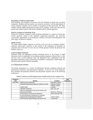 127
Recognition to Students in Honor Roll
Each academic year students in the honor roll, from freshmen to fourth year, are given
recognition. Students and their parents are invited to an activity with the participation of
faculty members. Students receive medals in recognition of their good work. The three
students with the highest grade point average receive trophies. At the end of the activity
parents and students interact with faculty members and are offered appetizers.
Panel for Freshmen in Orientation Week
During the freshmen orientation week professors participate in a panel in which they
answer questions related to the industrial engineering profession, the university
environment, opportunities in the profession, statistics on income and employment, and
other topics of interest to students.
Quality Awards
The ASQ student chapter organizes an activity every year also to recognize students’
academic achievement. Attractive in this activity is the competition of professors in
categories such as the best or worst, the one with the greatest wisdom, the protector, the
funniest, and so on.
Council of Higher Education
Professors from our department provide consulting service to the Council of High
Education which is responsible for accrediting academic programs in Puerto Rico. In the
last five years several professors from the department have collaborated with this
prestigious institution as part of Evaluation Committees, including Dr. Omell Pagán, Dr.
David González and Dr. William Hernández.
6.5.5 Professional Activities
The faculty participates in a variety of professional activities including technical and
professional conferences and educational workshops. In the last five years professors
have attended and presented technical and educational research work at the following
conferences:
Table 6.4 Conferences and Workshops Faculty Attended in the Last Five Academic Years.
Academic
Year Activity Location
Total
Expenses
2002-2003 ASEE Annual Conference Montreal, Canada
Industrial Engineering Research Conference 2002 Orlando, Florida
ICWES 2002
Ottawa, Ontario,
Canada
WEPAN Conference San Juan, PR
46th Annual Meeting of the Human Factors and
Ergonomics Society Baltimore, Maryland
IX Symposium of Industrial Engineering Santo Domingo, RD
Fourth Asia-Pacific Conference on Industrial
Engineering and Management Systems Taipei, Taiwan
2003 American Meteorological Society Annual Long Beach,
 