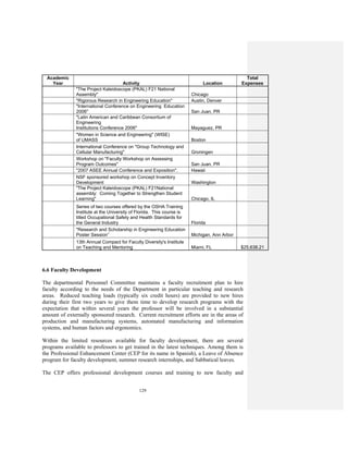 129
Academic
Year Activity Location
Total
Expenses
"The Project Kaleidoscope (PKAL) F21 National
Assembly" Chicago
"Rigorous Research in Engineering Education" Austin, Denver
"International Conference on Engineering Education
2006" San Juan, PR
"Latin American and Caribbean Consortium of
Engineering
Institutions Conference 2006" Mayaguez, PR
"Women in Science and Engineering" (WISE)
of UMASS Boston
International Conference on "Group Technology and
Cellular Manufacturing" Groningen
Workshop on "Faculty Workshop on Assessing
Program Outcomes" San Juan, PR
"2007 ASEE Annual Conference and Exposition". Hawaii
NSF sponsored workshop on Concept Inventory
Development Washington
"The Project Kaleidoscope (PKAL) F21National
assembly: Coming Together to Strengthen Student
Learning" Chicago, IL
Series of two courses offered by the OSHA Training
Institute at the University of Florida. This course is
titled Occupational Safety and Health Standards for
the General Industry Florida
"Research and Scholarship in Engineering Education
Poster Session” Michigan, Ann Arbor
13th Annual Compact for Faculty Diversity's Institute
on Teaching and Mentoring Miami, FL $25,638.21
6.6 Faculty Development
The departmental Personnel Committee maintains a faculty recruitment plan to hire
faculty according to the needs of the Department in particular teaching and research
areas. Reduced teaching loads (typically six credit hours) are provided to new hires
during their first two years to give them time to develop research programs with the
expectation that within several years the professor will be involved in a substantial
amount of externally sponsored research. Current recruitment efforts are in the areas of
production and manufacturing systems, automated manufacturing and information
systems, and human factors and ergonomics.
Within the limited resources available for faculty development, there are several
programs available to professors to get trained in the latest techniques. Among them is
the Professional Enhancement Center (CEP for its name in Spanish), a Leave of Absence
program for faculty development, summer research internships, and Sabbatical leaves.
The CEP offers professional development courses and training to new faculty and
 