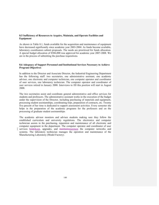 140
8.5 Sufficiency of Resources to Acquire, Maintain, and Operate Facilities and
Equipment
As shown in Table 8.1, funds available for the acquisition and maintenance of equipment
have decreased significantly since academic year 2003-2004. As funds become available,
laboratory coordinators submit proposals. The needs are prioritized for funds allocation.
A special budget allocation of $506,000 was approved for academic year 2007-2008. We
are in the process of submitting the purchase requisitions.
8.6 Adequacy of Support Personnel and Institutional Services Necessary to Achieve
Program Objectives
In addition to the Director and Associate Director, the Industrial Engineering Department
has the following staff: two secretaries, one administrative assistant, one academic
advisor, one electronic and computer technician, one computer operator and coordinator
of user services, one laboratory technician. The computer operator and coordinator of
user services retired in January 2008. Interviews to fill this position will start in August
2008.
The two secretaries assist and coordinate general administrative and office services for
students and professors. The administrative assistant works in the execution of the budget
under the supervision of the Director, including purchasing of materials and equipment,
processing student assistantships, coordinating trips, preparation of contracts, etc. Twenty
five percent of her time is dedicated to support assessment activities. Every semester she
helps in the preparation of the academic programs for the professors and on the
processing of graduate student assistantships.
The academic advisor monitors and advises students making sure they follow the
established curriculum and university regulations. The electronics and computer
technician assists in the purchasing, reparation and maintenance of all electronic and
computer equipment in the department. The computer operator and coordinator of user
services keepskeep, upgrades, and maintainsmaintain the computer networks and
systems. The laboratory technician manages the operation and maintenance of the
Manufacturing Laboratory (Model Factory).
 