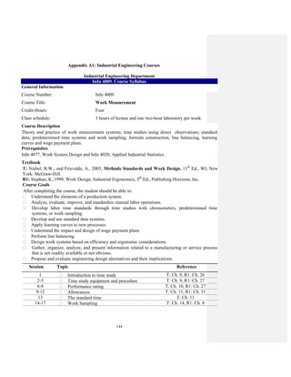 144
Appendix A1: Industrial Engineering Courses
Industrial Engineering Department
InIn 4009. Course Syllabus
General Information
Course Number: InIn 4009
Course Title: Work Measurement
Credit-Hours: Four
Class schedule: 3 hours of lecture and one two-hour laboratory per week.
Course Description
Theory and practice of work measurement systems; time studies using direct observations; standard
data; predetermined time systems and work sampling; formula construction, line balancing, learning
curves and wage payment plans.
Prerequisites
InIn 4077, Work System Design and InIn 4020, Applied Industrial Statistics.
Textbook
T: Niebel, B.W., and Frievalds, A., 2003, Methods Standards and Work Design, 11th
Ed., WI, New
York: McGraw-Hill.
R1: Stephan, K.,1999, Work Design, Industrial Ergonomics, 5th
Ed., Publishing Horizons, Inc.
Course Goals
After completing the course, the student should be able to:
Understand the elements of a production system.
Analyze, evaluate, improve, and standardize manual labor operations.
Develop labor time standards through time studies with chronometers, predetermined time
systems, or work sampling.
Develop and use standard data systems.
Apply learning curves to new processes.
Understand the impact and design of wage payment plans.
Perform line balancing.
Design work systems based on efficiency and ergonomic considerations.
Gather, organize, analyze, and present information related to a manufacturing or service process
that is not readily available or not obvious.
Propose and evaluate engineering design alternatives and their implications.
Session Topic Reference
1 Introduction to time study T: Ch. 9, R1: Ch. 26
2-5 Time study equipment and procedure T: Ch. 9, R1: Ch. 27
6-8 Performance rating T: Ch. 10, R1: Ch. 27
9-12 Allowances T: Ch. 11, R1: Ch. 31
13 The standard time T: Ch. 11
14-17 Work Sampling T: Ch. 14, R1: Ch. 8
 