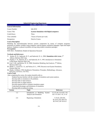 156
Industrial Engineering Department
InIn 4018. Course Syllabus
General Information
Course Number: InIn 4018
Course Title: Systems Simulation with Digital computers
Credit-Hours: Three
Class schedule: 3 hours of lecture per week.
Designation: Elective Course
Course Description
Modeling the interrelationship between systems components by means of computer programs;
generation of random variables using computers; special purpose simulation languages. Input and output
analysis. Emphasis is placed in problem solving using modern simulation packages.
Prerequisites
ININ 4022 - Probabilistic Models In Operations Research
Textbook and References
T- Kelton, W. D., Sadowski, R. P., and Sadowski, D. A., 2004, Simulation with Arena, 3rd
Edition, McGraw-Hill Corp.
R1- Pegden, C. D., Shannon, R. E., and Sadowski, R. P., 1995, Introduction to Simulation
Using Siman, McGraw-Hill Corp.
R2- Law, A.M., and Kelton, W. D., 2000, Simulation Modeling And Analysis, 3rd
Edition,
McGraw-Hill Corp.
R3- Banks, J., Carson II, J. S., and Nelson, B. L., 1999, Discrete-event System Simulation,
Prentice Hall, Inc.
R4- Banks, J (Editor), 1998, Handbook of Simulation: Principles, Methodology, Advances,
Applications, and Practice, John Wiley.
Course Goals
After completing the course, the student should be able to:
Students become familiar with the concepts of simulation and system analysis.
Develop skills in simulation to IE problems.
Develop skills in input analysis.
Develop skills in output analysis.
Develop required skills to interpret simulation output.
Understand advantages and limitations of simulation.
Develop skills in technical writing.
Session Topic Reference
1-2 Introduction to Modeling, System
Analysis and Simulation
T 3-15, R1 3-25, R2 1-10,
R3 3-19, R4 1-18, 31-41
2-4 Beginning a Simulation T 19-43, 529-545,
R1 29-35, R2 106-114,
R3 59-87, R4 765-811
 
