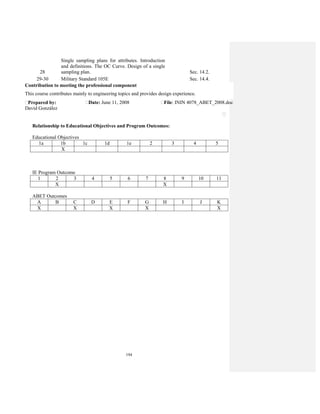 194
28
Single sampling plans for attributes. Introduction
and definitions. The OC Curve. Design of a single
sampling plan. Sec. 14.2.
29-30 Military Standard 105E Sec. 14.4.
Contribution to meeting the professional component
This course contributes mainly to engineering topics and provides design experience.
Prepared by:
David González
Date: June 11, 2008 File: ININ 4078_ABET_2008.doc
Relationship to Educational Objectives and Program Outcomes:
Educational Objectives
1a 1b 1c 1d 1e 2 3 4 5
X
IE Program Outcome
1 2 3 4 5 6 7 8 9 10 11
X X
ABET Outcomes
A B C D E F G H I J K
X X X X X
 