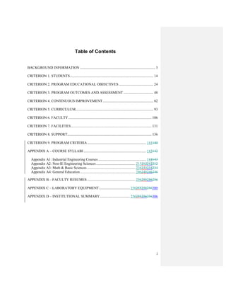 2
Table of Contents
BACKGROUND INFORMATION ................................................................................... 3
CRITERION 1. STUDENTS............................................................................................ 14
CRITERION 2. PROGRAM EDUCATIONAL OBJECTIVES ...................................... 24
CRITERION 3. PROGRAM OUTCOMES AND ASSESSMENT ................................. 48
CRITERION 4. CONTINUOUS IMPROVEMENT........................................................ 82
CRITERION 5. CURRICULUM...................................................................................... 93
CRITERION 6. FACULTY............................................................................................ 106
CRITERION 7. FACILITIES......................................................................................... 131
CRITERION 8. SUPPORT............................................................................................. 136
CRITERION 9. PROGRAM CRITERIA................................................................. 141140
APPENDIX A – COURSE SYLLABI ..................................................................... 143142
Appendix A1: Industrial Engineering Courses..................................................... 144143
Appendix A2: Non-IE Engineering Sciences ........................................... 213212212212
Appendix A3: Math & Basic Sciences ..................................................... 234233234234
Appendix A4: General Education............................................................. 246245246246
APPENDIX B – FACULTY RESUMES ..................................................... 256255256256
APPENDIX C – LABORATORY EQUIPMENT.................................. 256255256256300
APPENDIX D – INSTITUTIONAL SUMMARY................................. 256255256256306
 